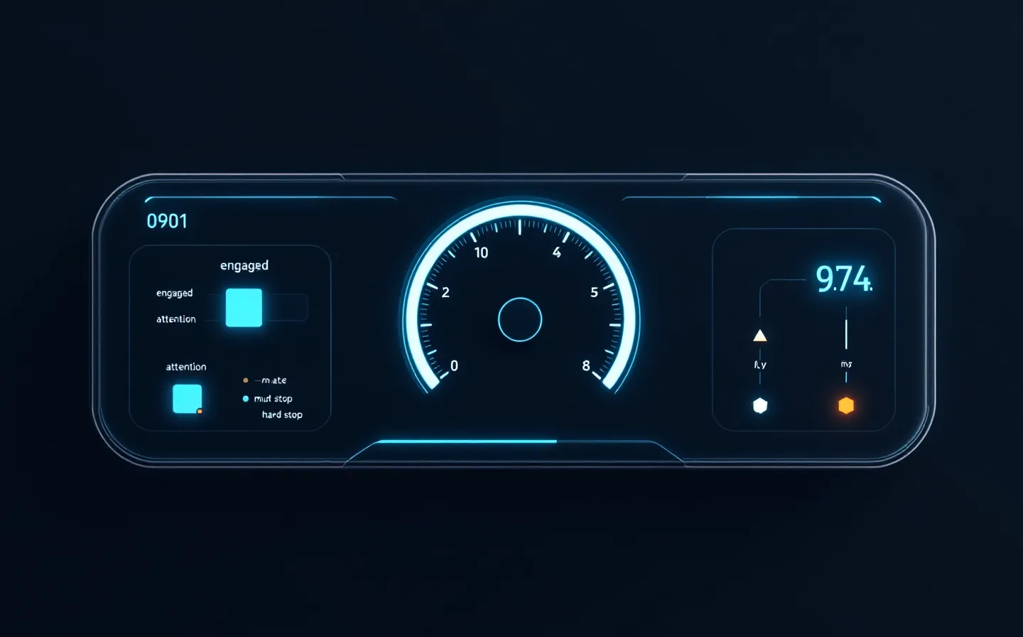 An autonomous-dashboard instrument-cluster schematic in cyan and amber on a deep cool slate ground — a central cyan gauge readout, amber and red status indicators on a recessed bezel, and two parallel sensor-stream lanes